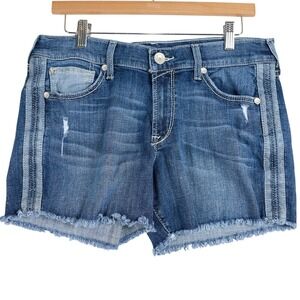Ariat Boyfriend Denim Shorts Womens 30R Medium Wash Raw Hem Side Stripe Blue